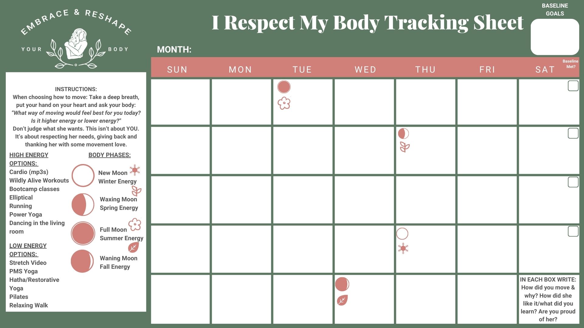 Movement Calendar Body Tracking Sheet Wildly Alive Self Care